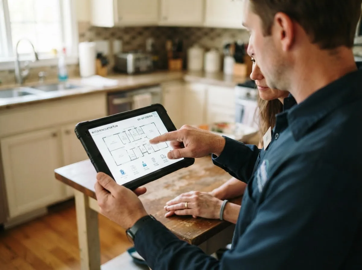 Water damage restoration technician inspecting a home in Southport, CT